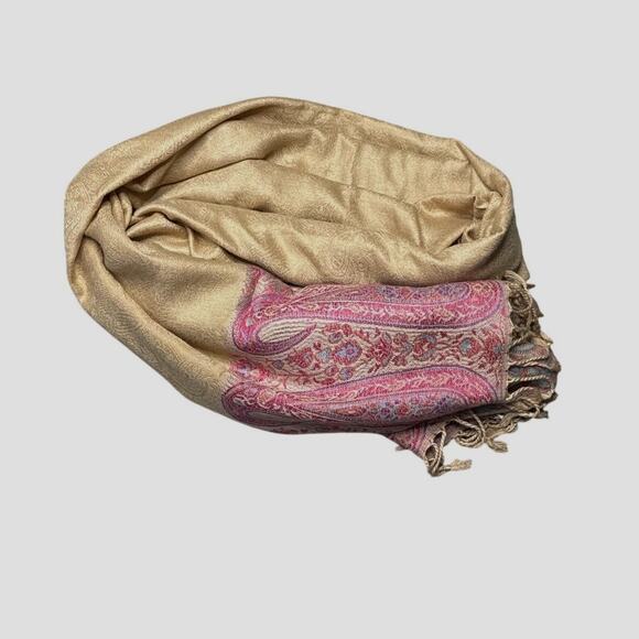 Pashmina Silk blend shawl scarf. Tan and Pink motif - Picture 1 of 7
